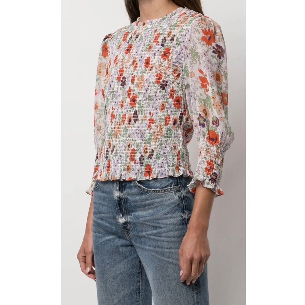 Veronica Beard Kali Smocked Floral Top Ruffle Blouse Size 8